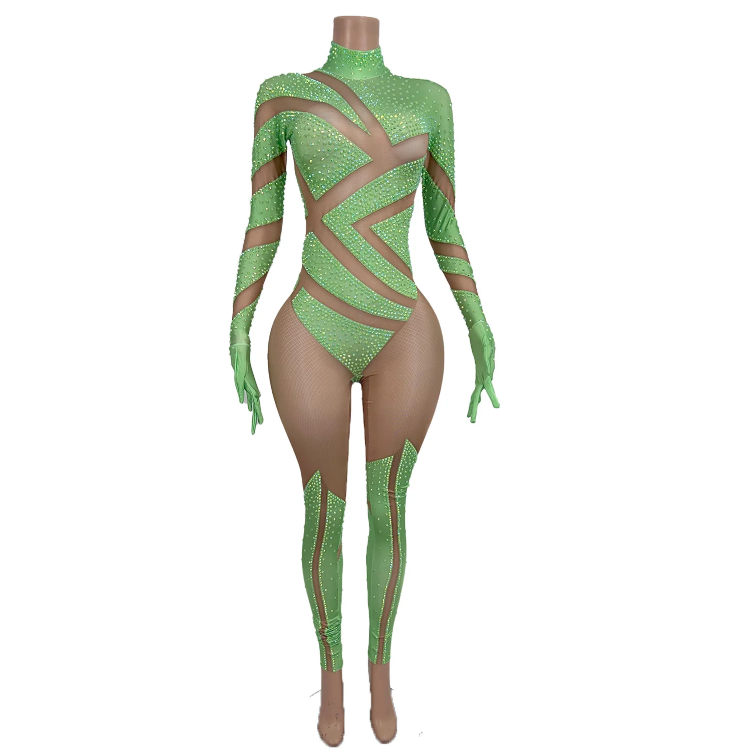 Fashion Sports Jumpsuit Shiny Green Rhinestone Geometric Leggings Gymnastics Acrobatics Performance Beach Party Dresses jimu