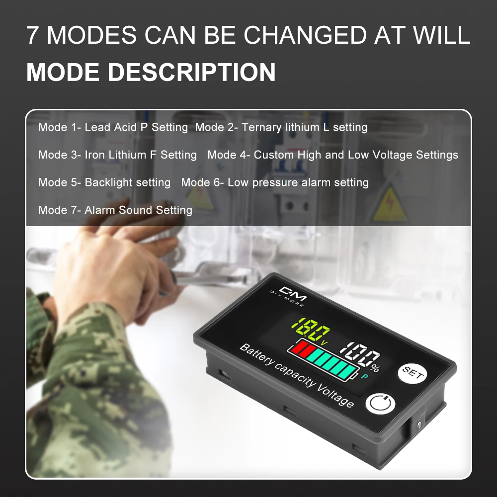 6133A DC8-100V Voltmeter Digital Battery Indicator Voltage Meter Lithium Ion Battery Capacity Monitor Temperature alarm function