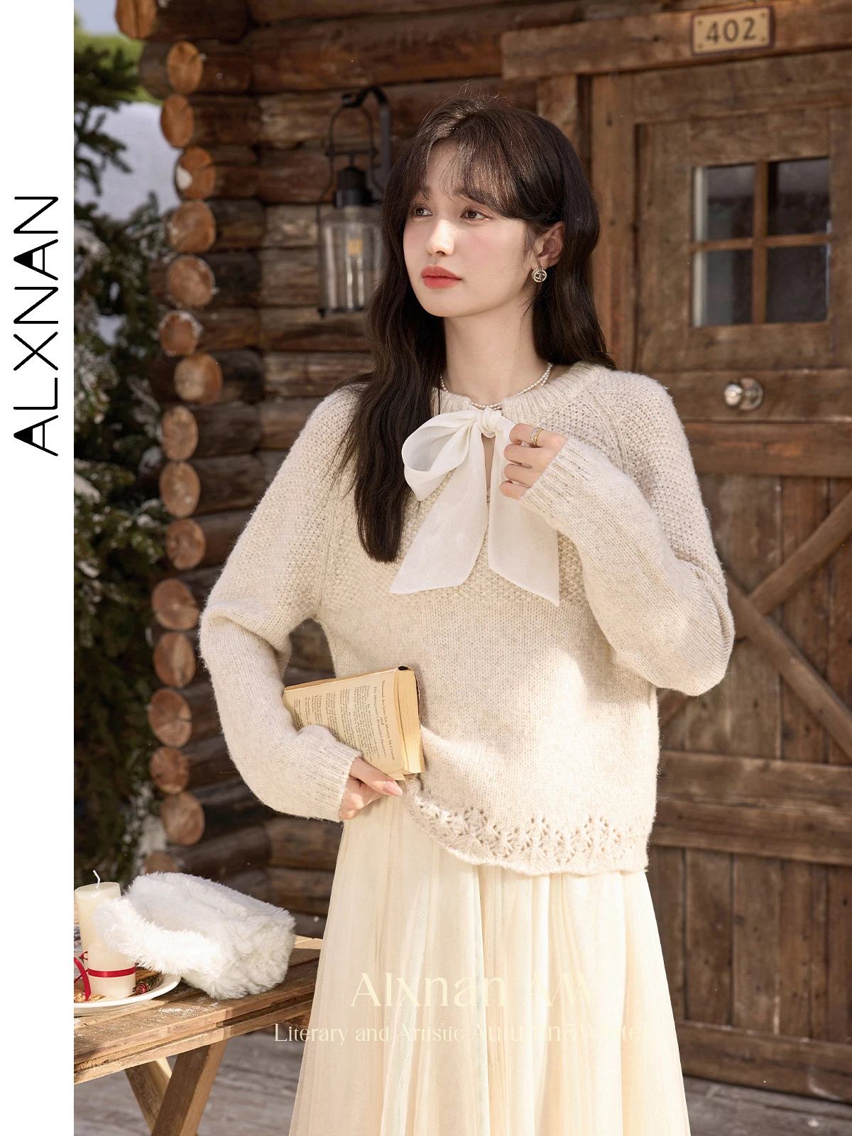 ALXNAN Vrouwen Omkeerbare Truien Lace-up Boog O-hals Raglan Lange Mouwen Hollow Hew Truien 2024 Winter Losse Warme Jumper L52571