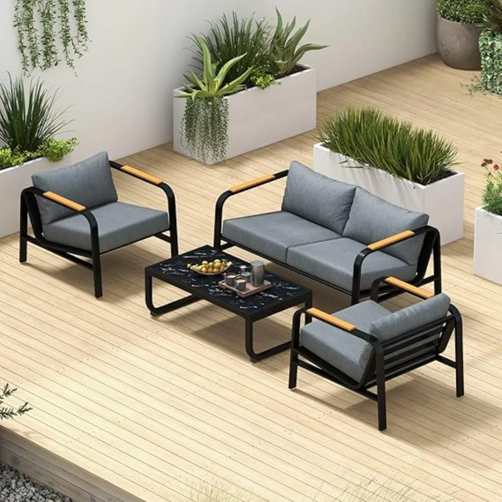 

Metal Patio Furniture Set, 4 Piece Modern Outdoor Conversation Set with Sofa, Coffee Table, for Garden, Black and Grey