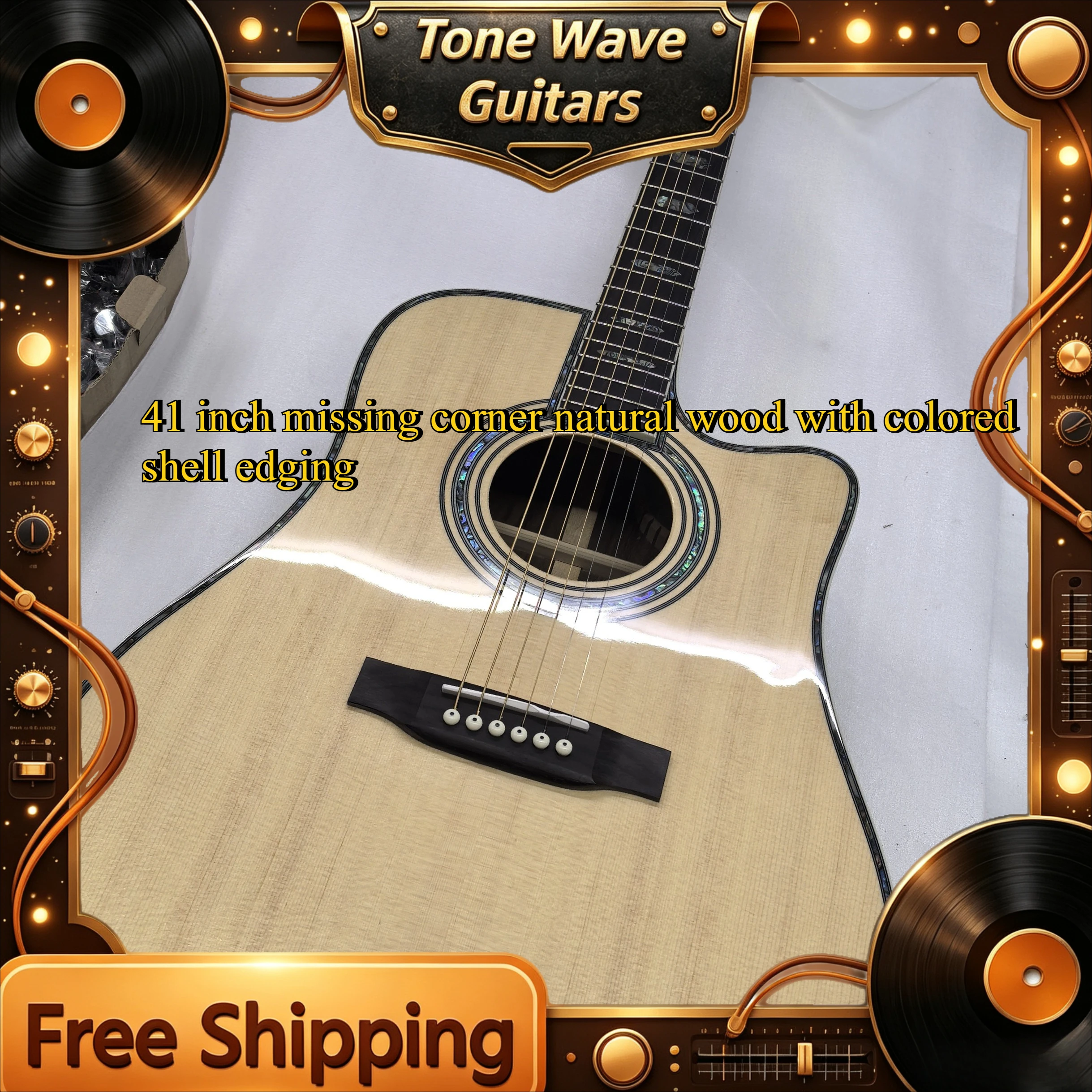 Acoustic Guitar D45 41 Inch Missing Corner Natural Wood with Colored Shell Edging Spruce Solid Top  Fixed Bridge Free Shipping