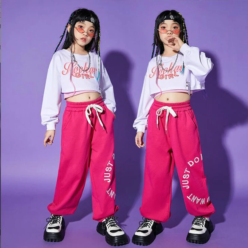 Kids Kpop Outfits Hip Hop White Tops Sweatshirt Tee Tank Vest Casual Streetwear Sweat Pants For Girl Jazz Dance Costume Clothes