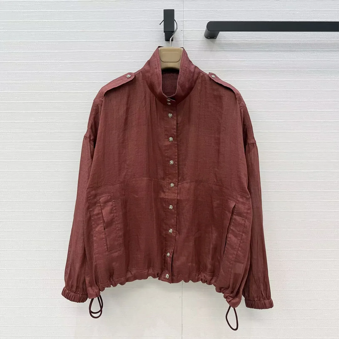 Luxury High Quality 100% Ramie Thin Jacket Women Stand Collar Single Breasted Drawstring Hem Loose Casual Old Money Style Coat
