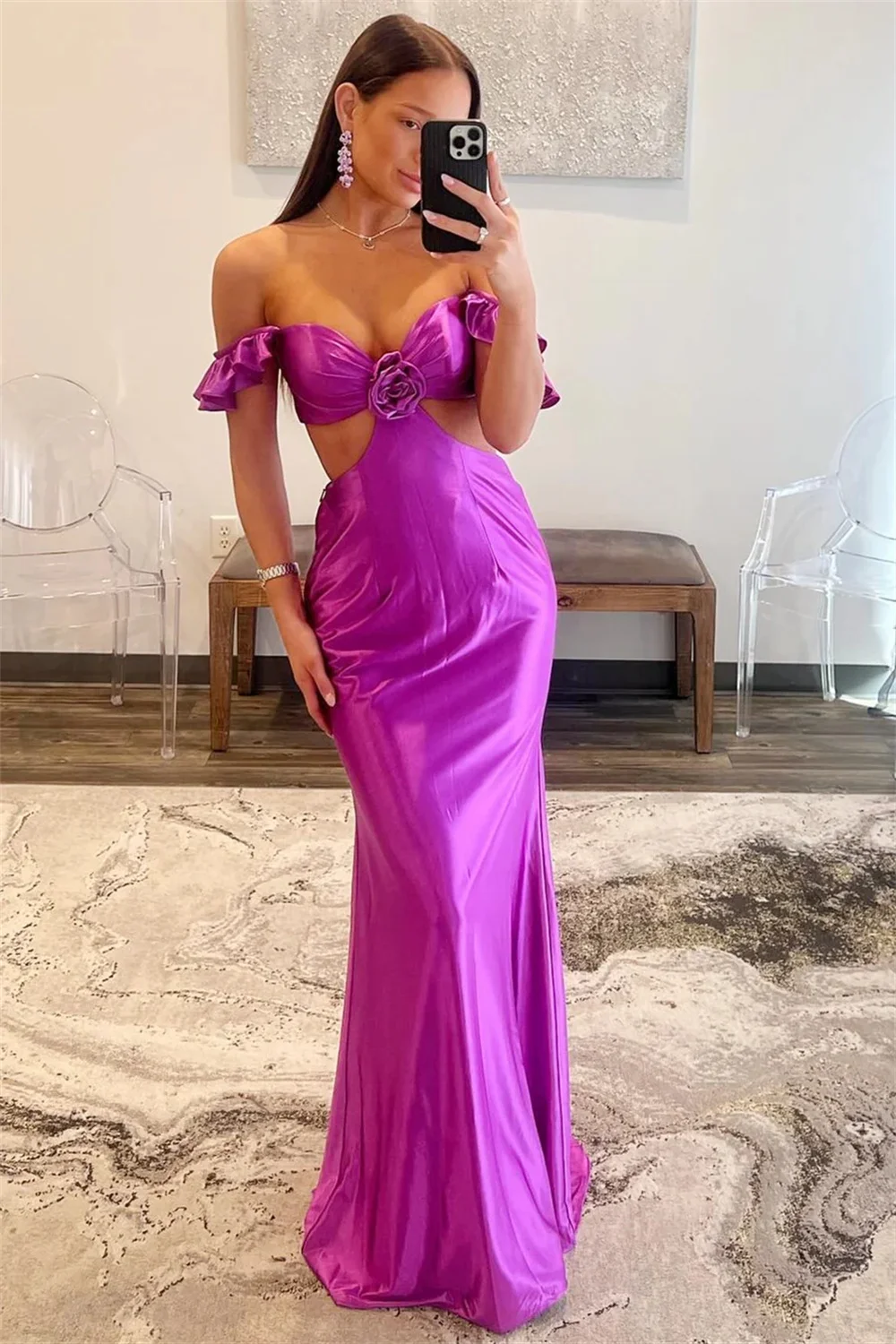 Jessica Purple Off-the-shoulder Prom Dresses Handmade Flower Waist Cut-outs Evening Dresses Mermaid Cocktail Dresses Party Dress