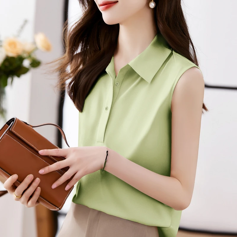 

Fashion Summer Blouses for Women Soild Womens Tops Satin Shirts Sleeveless Womens Blouses Basic OL Female Clothing Sexy Blouses