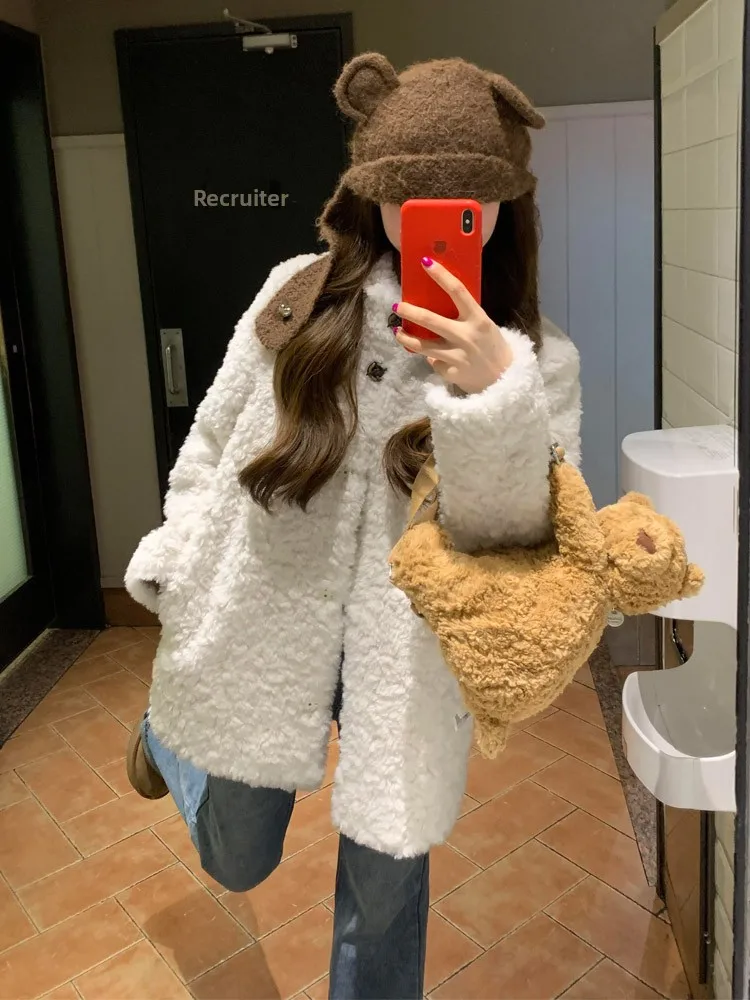 

Новый крутой милый белый женский жакет средней длины с мехом ягненка, элитный повседневный зимний топ Personali Plu для женщин