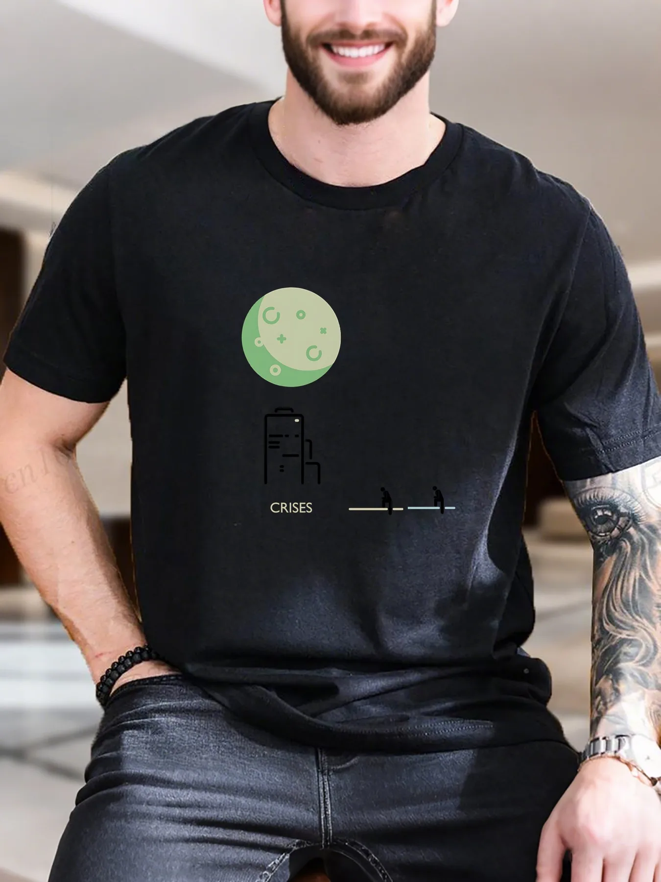 

New Arrival Fashion Men's Graphic Print T-Shirt Stylish Green Moon Black Background Design 100% Cotton Soft Breathable Casual Tee
