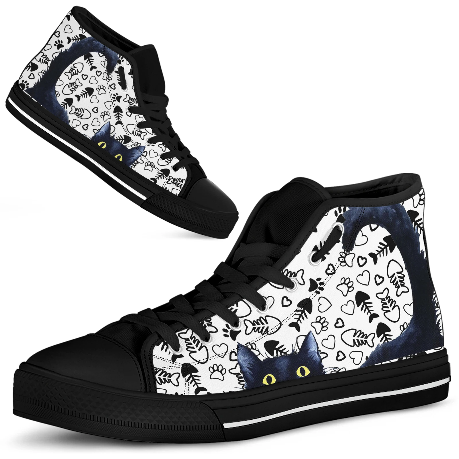 ELVISWORDS Women's Sneakers Creative Cartoon Black Cat Shoes Cartoon Hand-painted Fish Bone Love Print Canvas Shoes High Tops