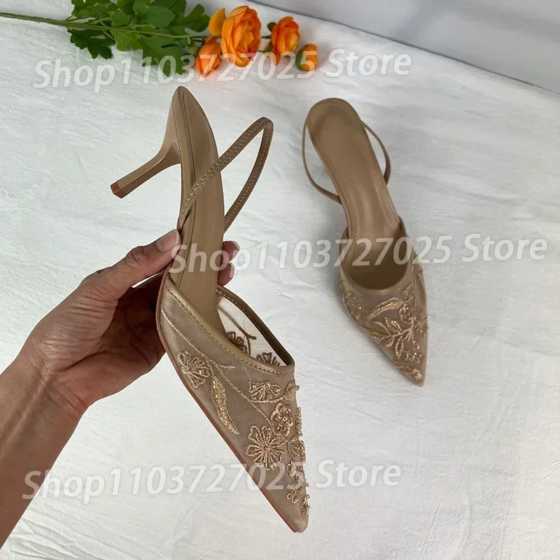 2025 New Women Sandals Brand Designer Ladies Flower Mesh Open Heel Sandals Shoes Sexy High Heel Pointed Toe Stiletto Pumps Mules