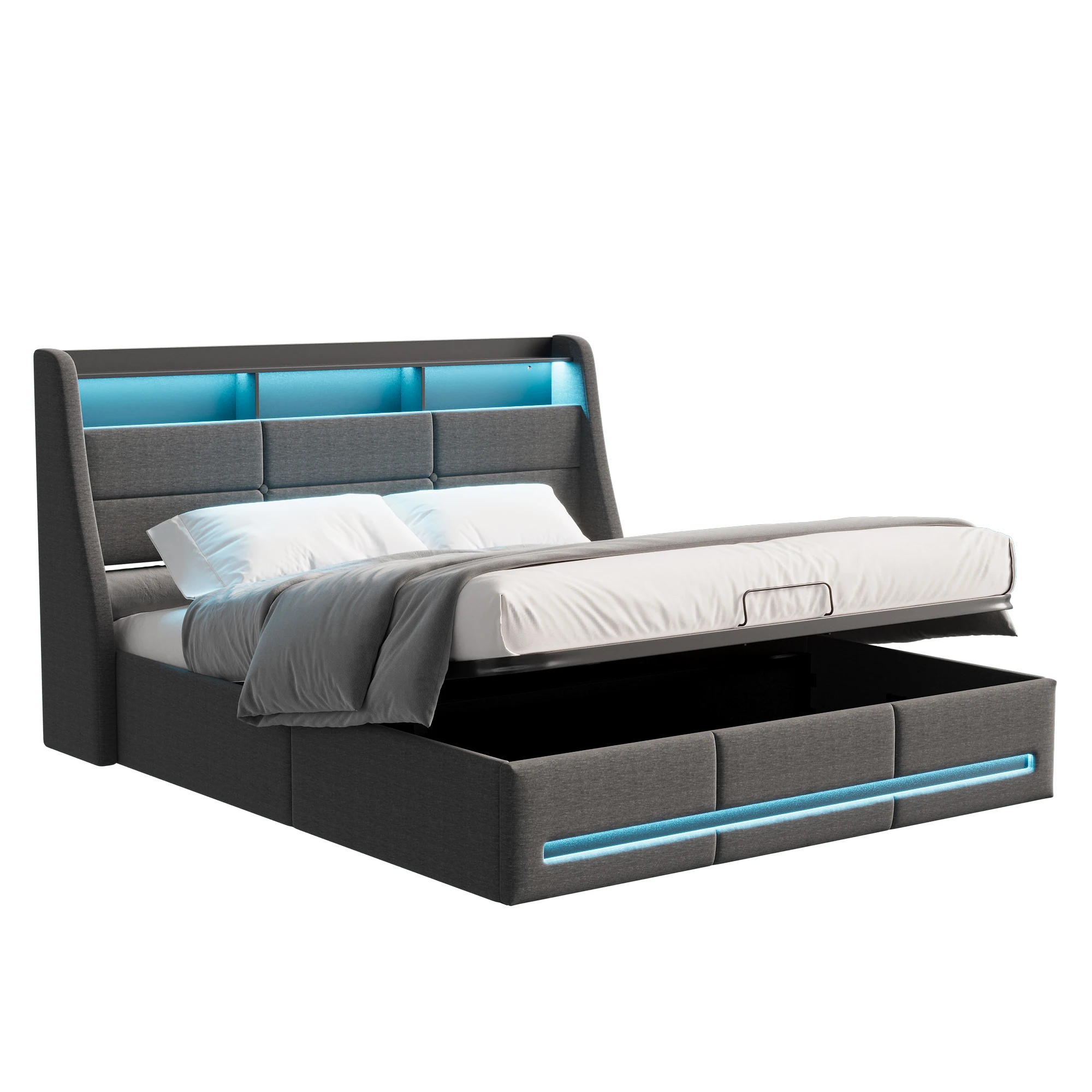 Fangange Gepolstertes Bettgestell mit Stauraum und RGB-LED, 140/160x200cm Doppelbett mit Hydraulischem Gaslift, Stauraum am Kopfteil, USB-Ladefunktion