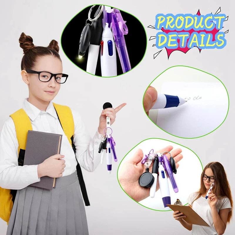 72 Pcs Badge Reel Pen Retractable Shuttle-Pens Set With Mini Highlighter Permanent Marker Pen LED Flashlight