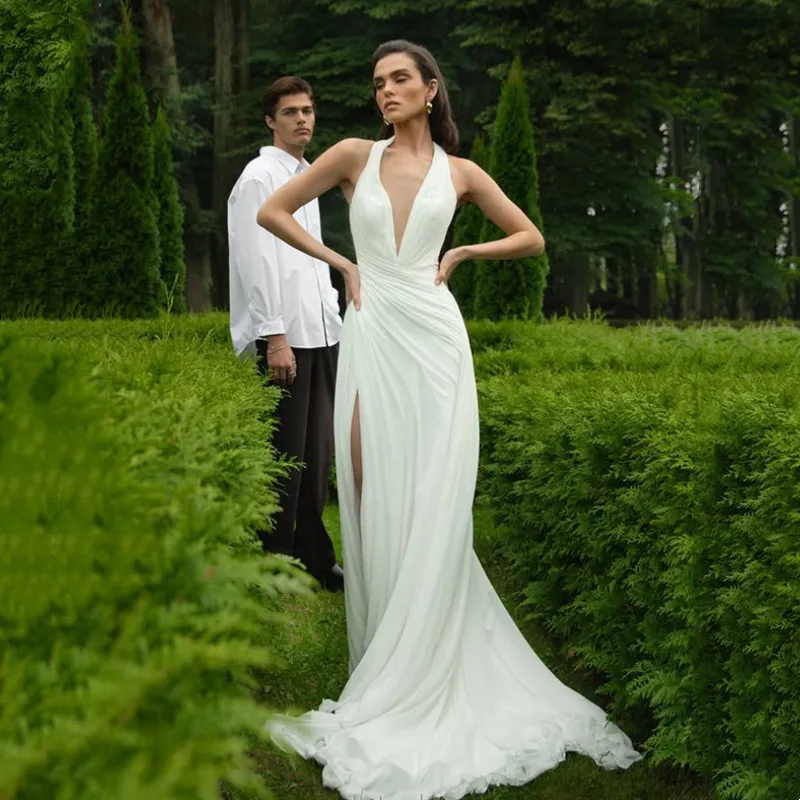 

Pastrol Chiffon Sheath Wedding Dress Sexy Open Back Deep V-Neck Pleat Sleeveless High Side Slit Simple Long Train Customized