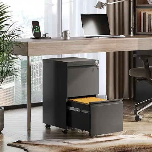 2 Drawer Metal File Cabinet, Fully Assembled Filing Cabinet | Under Desk Mobile File Cabinet with Lock for Home Office