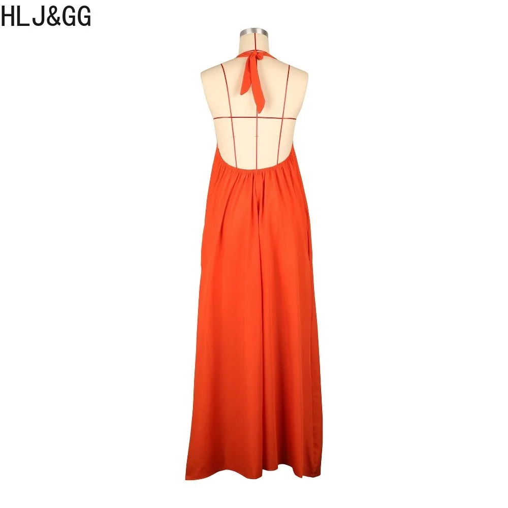 HLJ&GG Casual Solid Color Backless Lace Up Halter Maxi Dresses Women Sleeveless Loose Robe Spring New Female Holiday Clothing