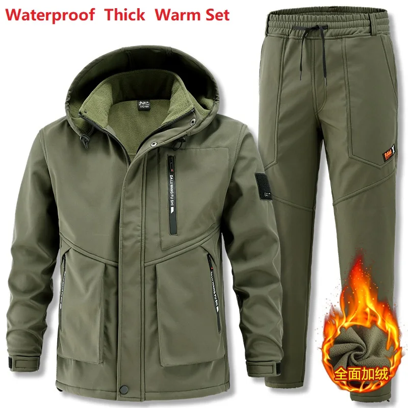 Winter Wool and Thick Men\'s Warm Waterproof and Wear-resistant Work Set Outdoor Hunting Hiking Fishing Skiing Clothing