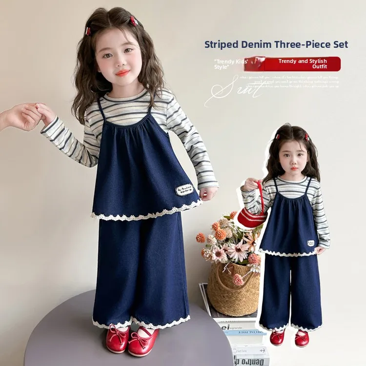 Korean Style Girls Jeans Set Autumn New Fashion Three-Piece Wide Leg Pants Baby Clothes Cute And Stylish Children's Outfit