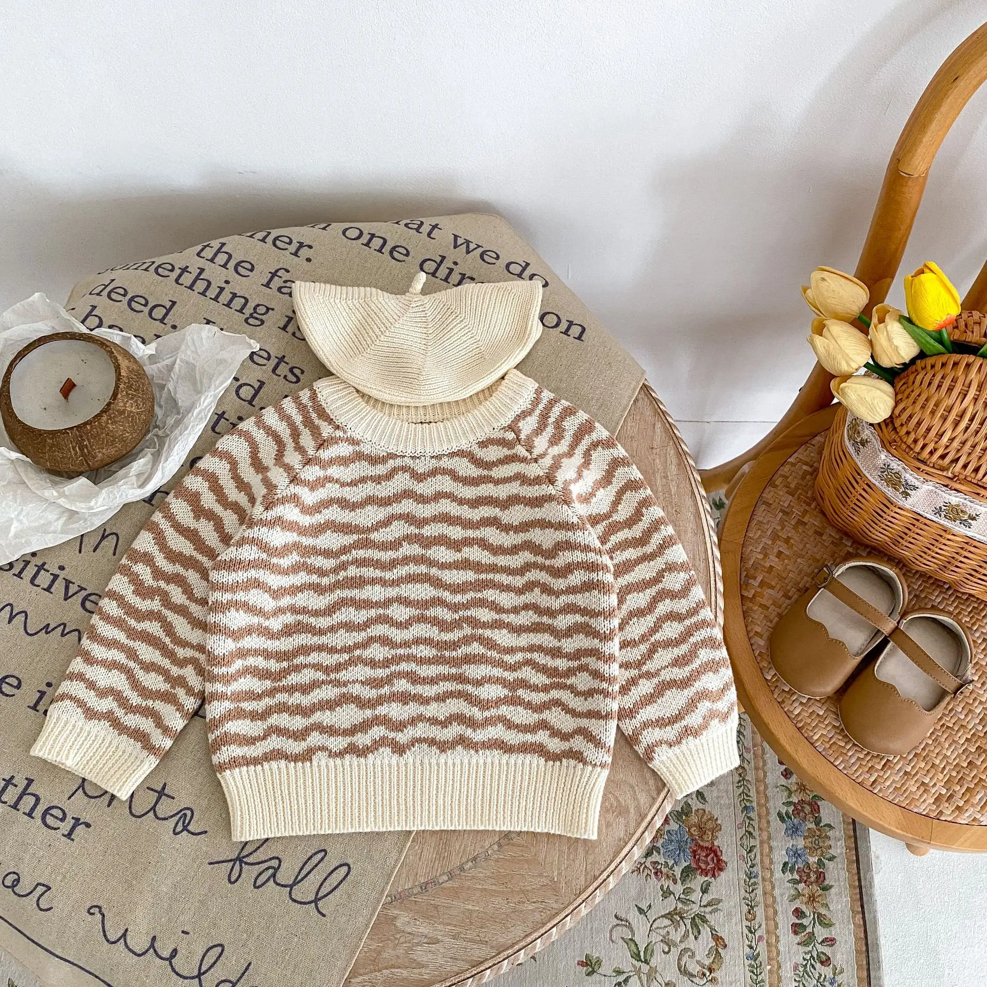 Fashion Autumn Baby Girls Knitted Sweaters Brown Wave Striped Pullover Shirts Undershirts Long Sleeves Kids Outwears Tops Tees