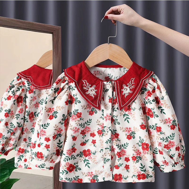 

Korean Spring Autumn Vintage Floral Girl Top Long Sleeve Blouse Pastoral Style Baby Shirt Clothes For Children From 3 To 8 Years