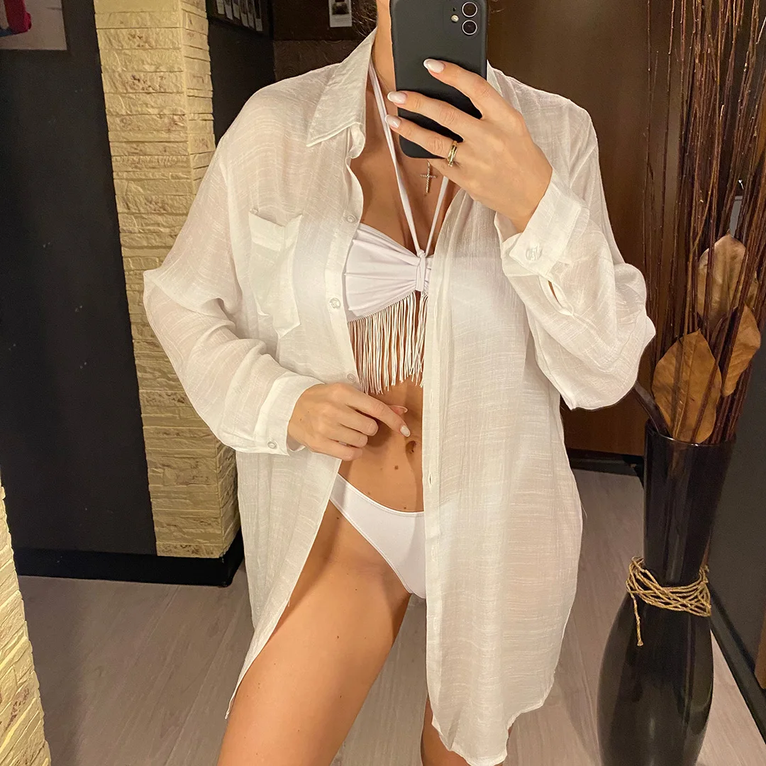 Neues Langarm-Hemd, Tunika, Strandkleid, Strandbekleidung, Strand-Cover-Up, lässiges Oberteil, weißes Pareo, Damen, V4157 – Detail 5
