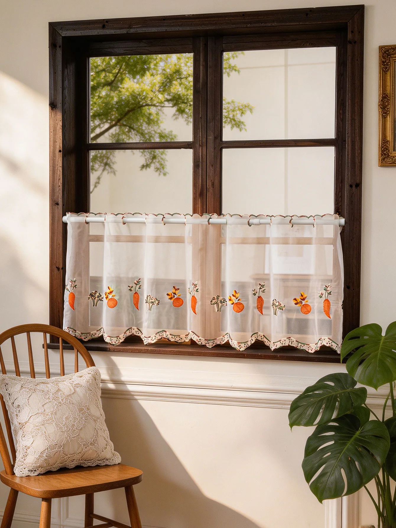 Cute Carrot Embroidered Sheer Curtain, Rod Pocket Kitchen Valance, Semi Sheer Light Filtering Short Window Curtain for Farmhouse