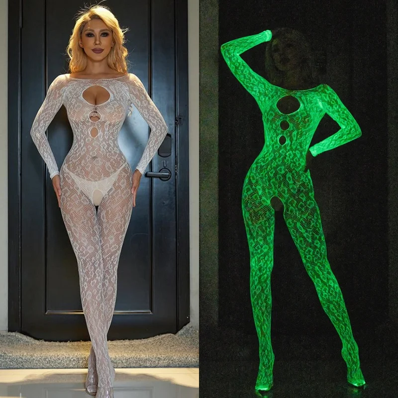 Hot Sexy Crotchless Lingerie Glow In The Dark Fishnet Bodysuit Women Luminous Perspective Jumpsuit Naughty Fantasy Nightwear