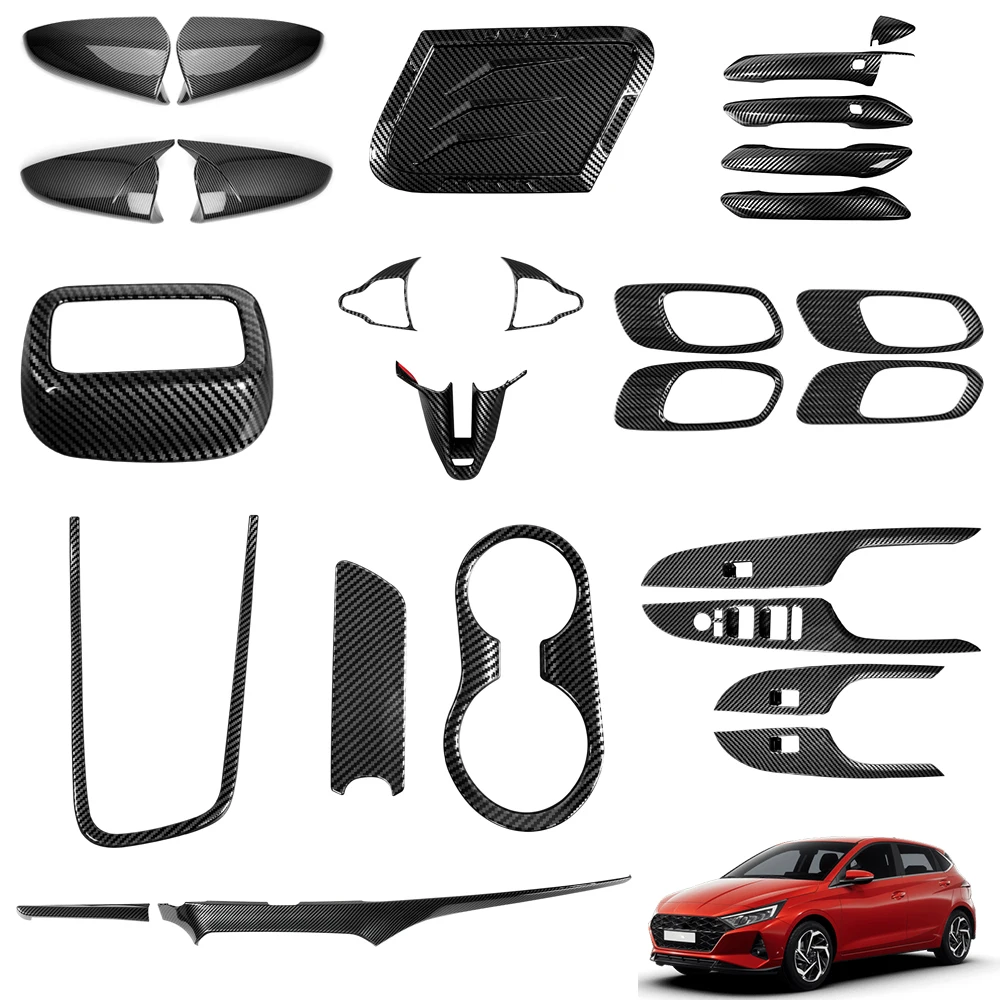 Accessori Interni ed Esterni in Stile Fibra di Carbonio per Hyundai i20/N 2020-2026: Copertura per Cruscotto, Leva del Cambio, Finestrini e Maniglie delle Porte