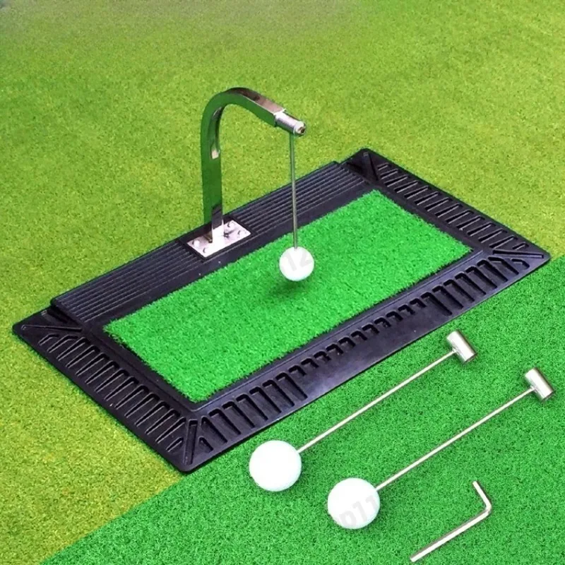 Indoor Golf Practice Mat with Swing Trainer and Rotating Ball Stand, Home Training Aid