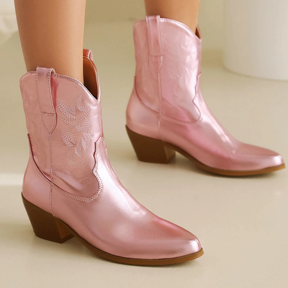 Pink Cowboy Cowgirl Boots For Women 2024 Fashion Embroidered Pointed Toe Chunky Heel Western Ankle Boots Shinny Shoes Free Ship