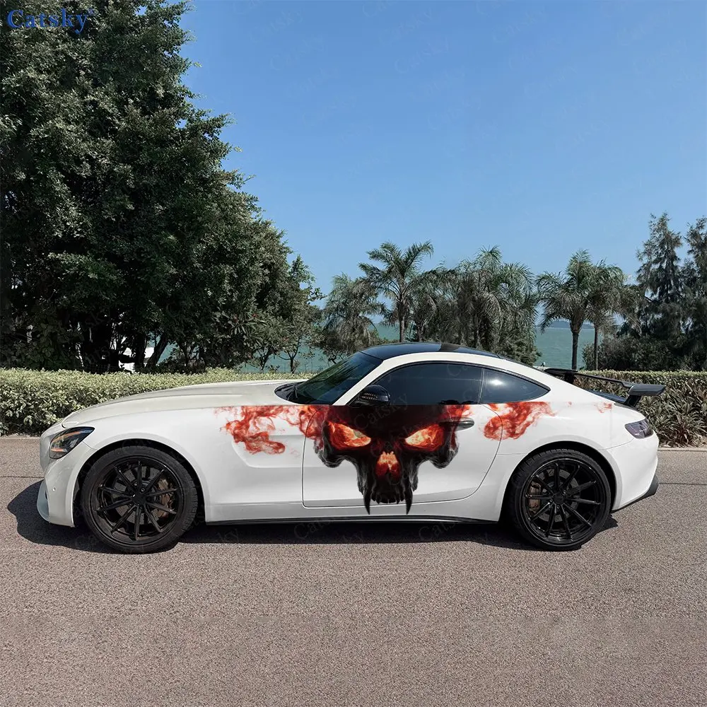 2pcs Flaming Skull Car Side Wraps, Self-Adhesive PVC Waterproof & Scratch-Resistant Stickers, Car Accessory Gift