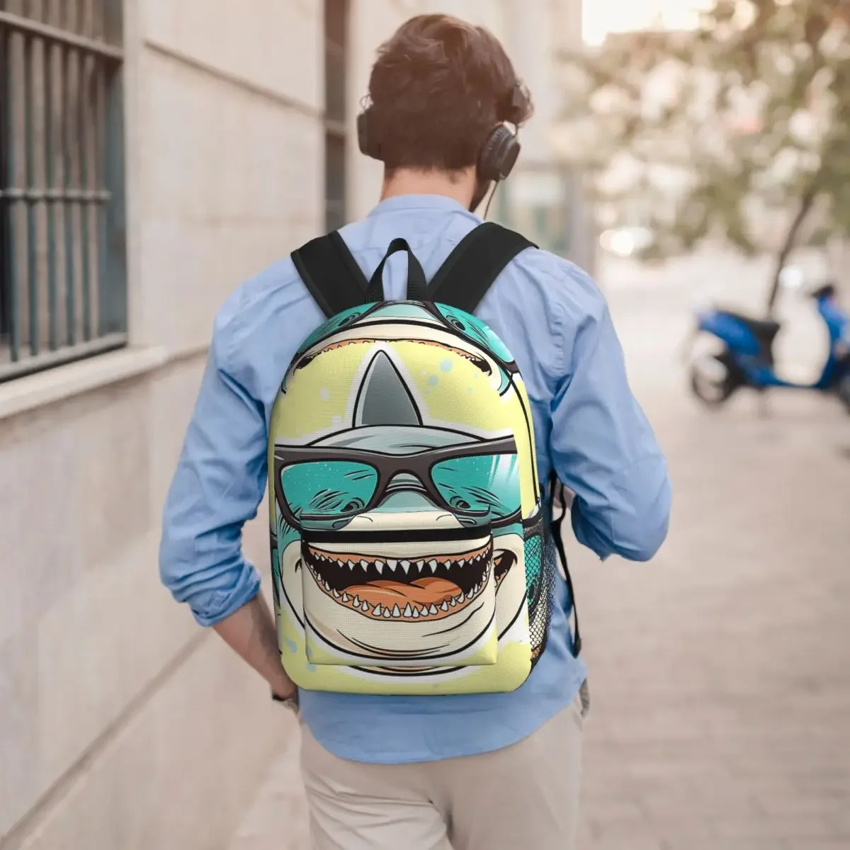 Cartoon Shark With Sunglasses Pattern Student Backpack School Bag Hiking Travel Daypack for Men Women Bookbag Shoulder Bags