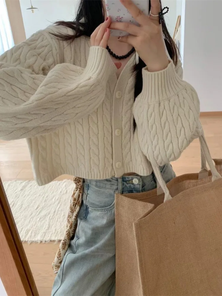 Korean Twist Cardigan Sweaters for Women Pull Femme V-neck Loose Sueter Mujer Autumn Clothing Fashion Casual Knitted Crop Coat