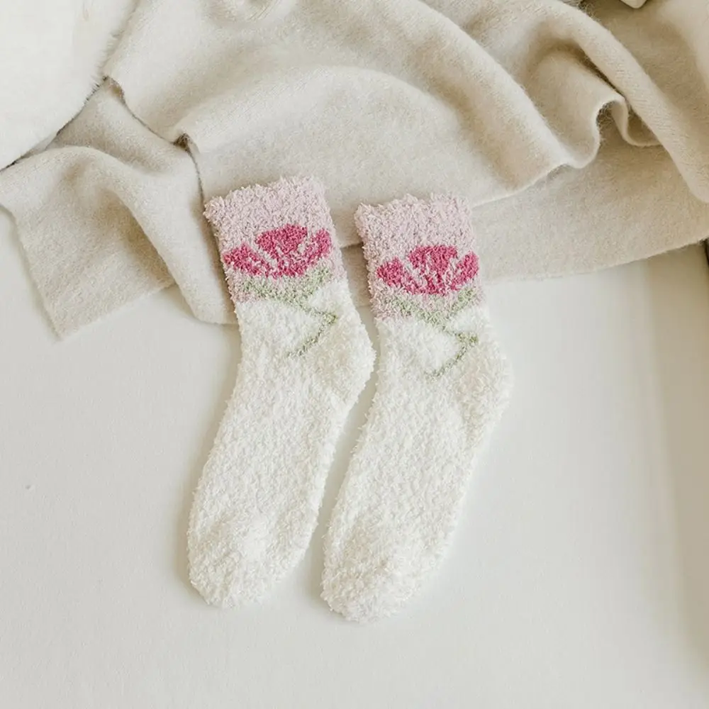 

Мягкие дышащие толстые цветочные модные милые носки с рюшами в корейском стиле, женские носки средней длины, коралловый бархат