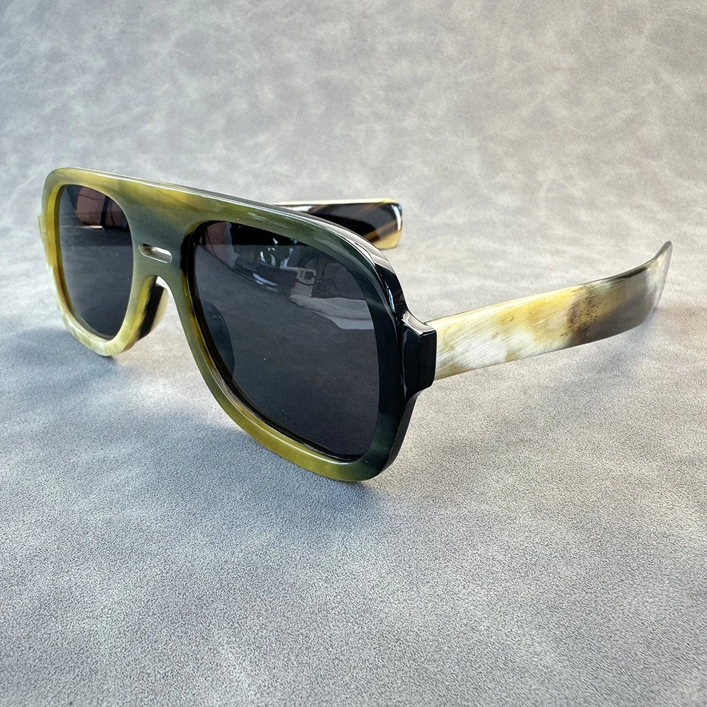 

Man Sunglasses Women Pilot Vintage Double Polarized Antique Glasses Bridges Vintage Handmade Black White Horn Sunglass Men