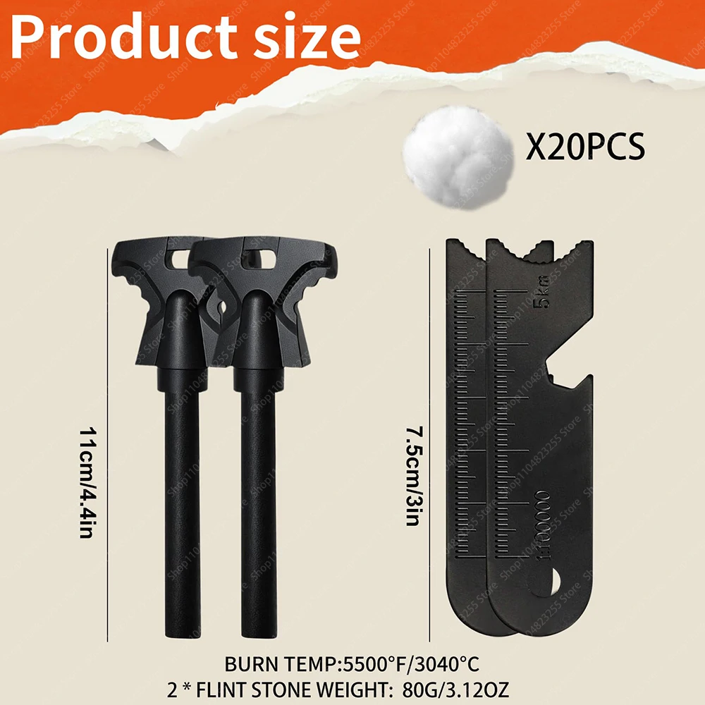 2PCS Magnesium Fire Starter Striker High Temp Magnesium Rod Ferro Rod Fire Starter Survival Tool with 20Pack Waterproof Tinder - view 3