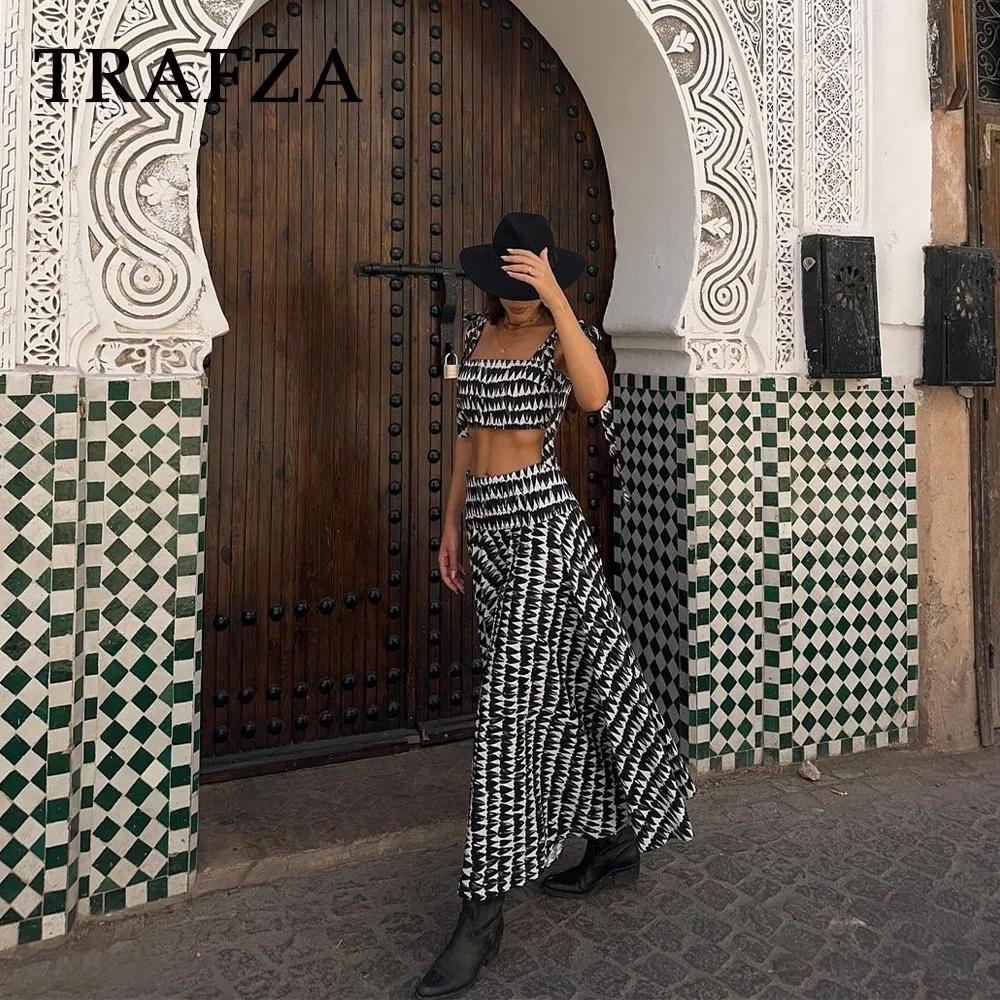 TRAFZA 2024 Spring Summer Women Print Casual Elegant Suits Fashion Strapless Sleeveless Short Tops+Chic Loose Long Skirt