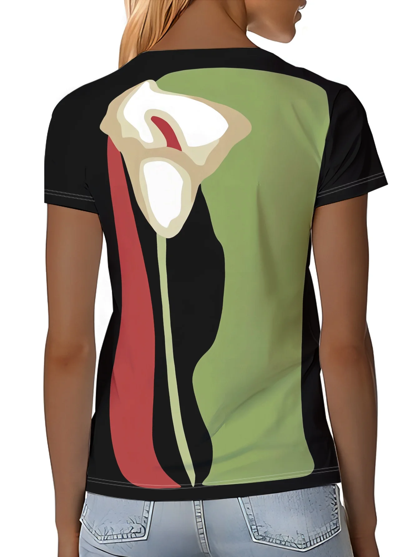Women Crew Neck Short Sleeve T-shirt Color Block Calla Lily Print Contrast Patchwork Casual Artistic Summer Daily Top