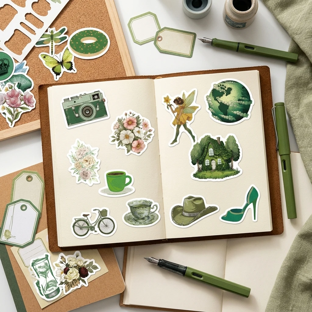 50Pcs Removable Vintage Green Stickers for Diary Luggage Decoration Waterproof Oilproof PVC Vinyl