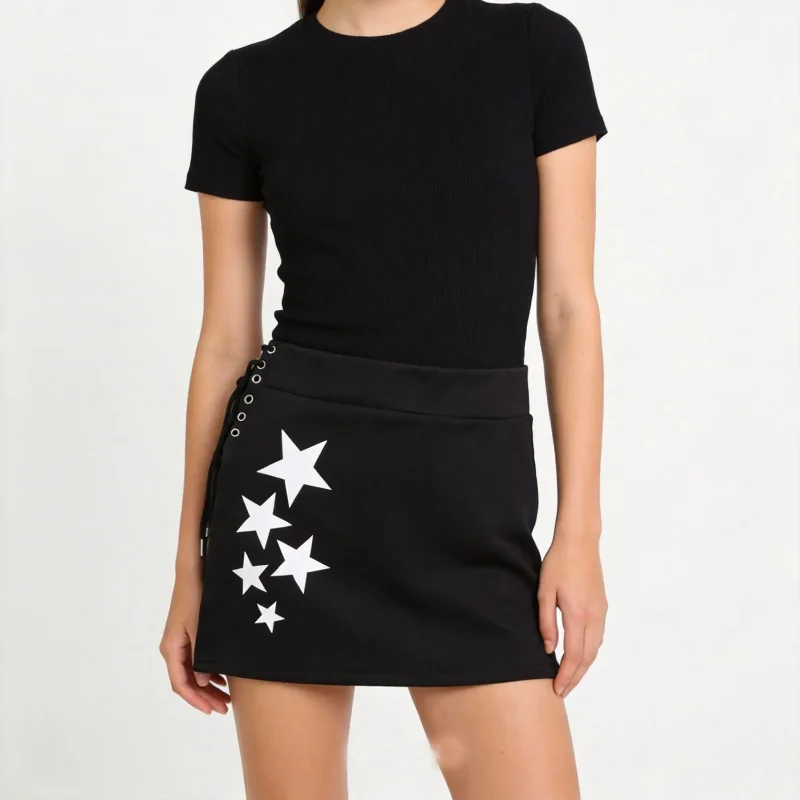 

Summer Sexy Spicy Girl Y2K American Street Personality Gothic Silver Pentagram Print Lace Up Short A-line Skirt Women Clothing