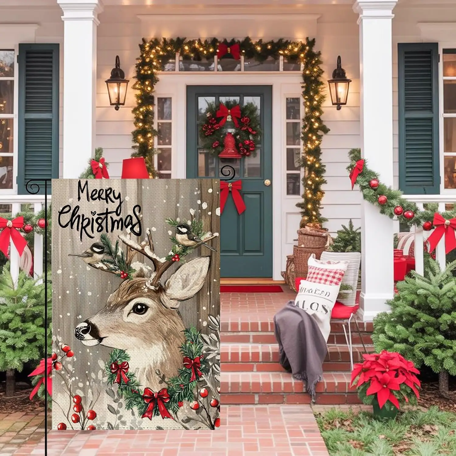 Christmas Wood Grain Deer Welcome Garden Flag 12x18 Inch Double Sided, Xmas Berry Pine Winter Snowflake Burlap Small Yard Fl EEZ