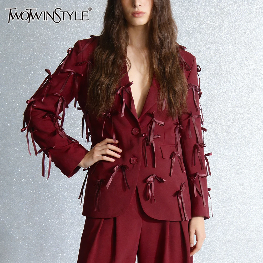 TWOTWINSTYLE Chic Fashion Red 3D Bow Embellished Blazer for Women Lapel Signle Breasted Accent Romantic Design for Themed Party