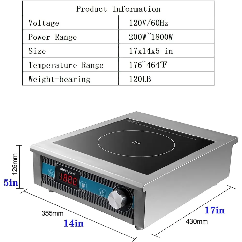 Commercial Grade Countertop Burner 1800 W /120V Commercial Induction Cooktop 9 Inch Heating Coil Hot