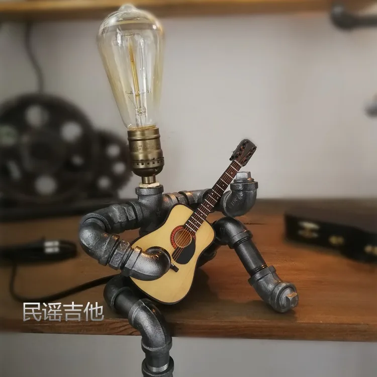 

Креативная лампа для водопроводной трубы в стиле стимпанк, ретро настольная лампа для спальни, светодиодная ночная лампа, железная труба, гитарист, украшение дома, промышленное украшение