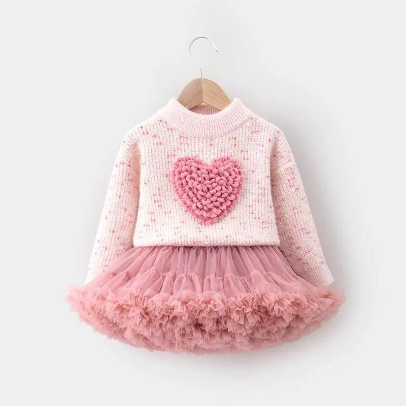 2024 new spring autumn winter Girls Kids Love Sweaters+TuTu skirt sets comfortable cute baby Clothes Children Clothing