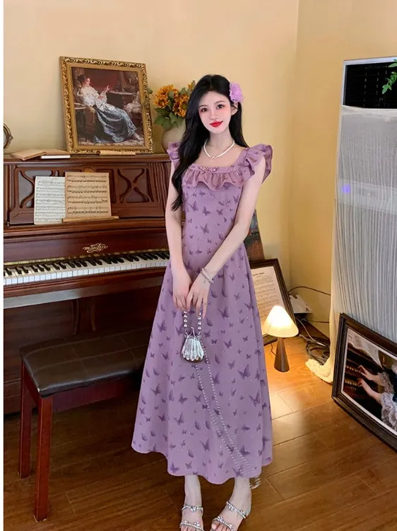 Vestido largo de verano con estampado floral morado para mujer de talla grande, con mangas fruncidas en la cintura, diseño favorecedor que reduce la edad