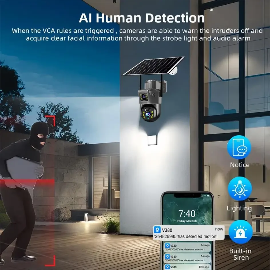 2025 Outdoor 4K 8MP Wireless Solar Camera 4G Sim Dual Lens Wifi IP PIR HD Night Vision Camera V380Pro PTZ Security CCTV Monitor