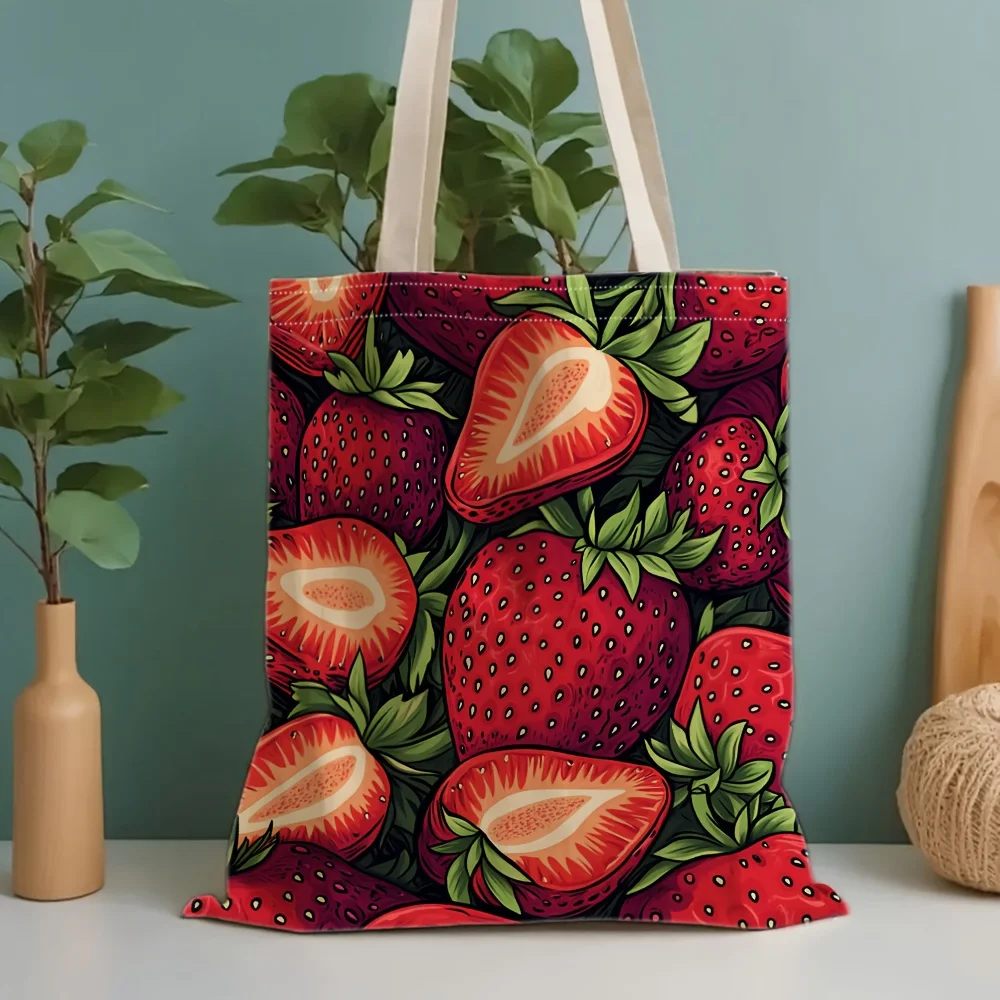 1pc Strawberry All-over Print Themed Printed Tote Bag, Reusable Shopping Bag, Suitable for Daily Use, Shopping, School, Travel