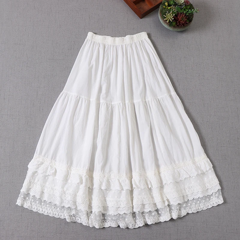 Japanese Sweet Mori Girl Lace Embroidery Hem Cotton Linen Skirts Women Spring Summer Elastic Waist Solid Color A-Line Skirts