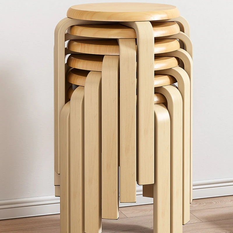 Mid-Century Stackable Rattan Solid Wood Stool, Round Log-Color Bench, Multifunctional Spare Chair for Restaurant Indoor