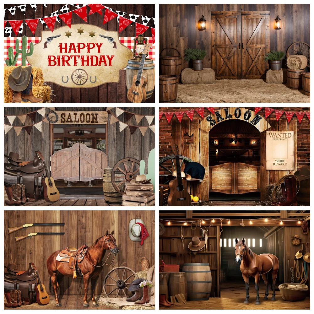 

Western Cowboy Backdrop for Birthday Party Wild West Rustic Farm Barn Wooden House Kids Baby Portrait Photography Background