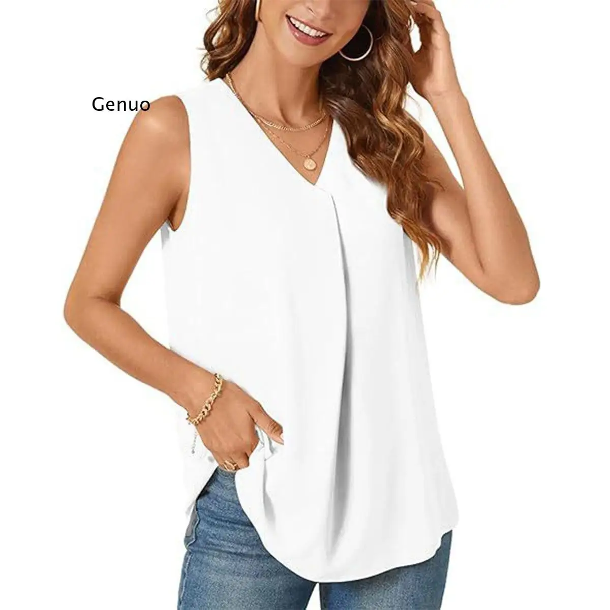 2026 New Womens Casual Solid Color V Neck Sleeveless Blouse Loose Split Hem Tank Top For Everyday Outfit